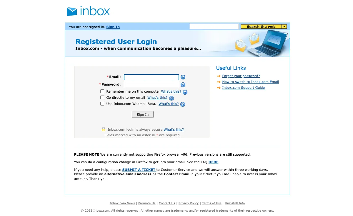 inbox.com interface de webmail