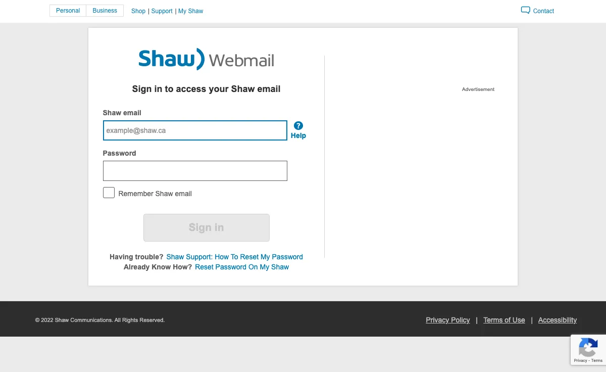 shaw.ca Webmail-Oberfläche