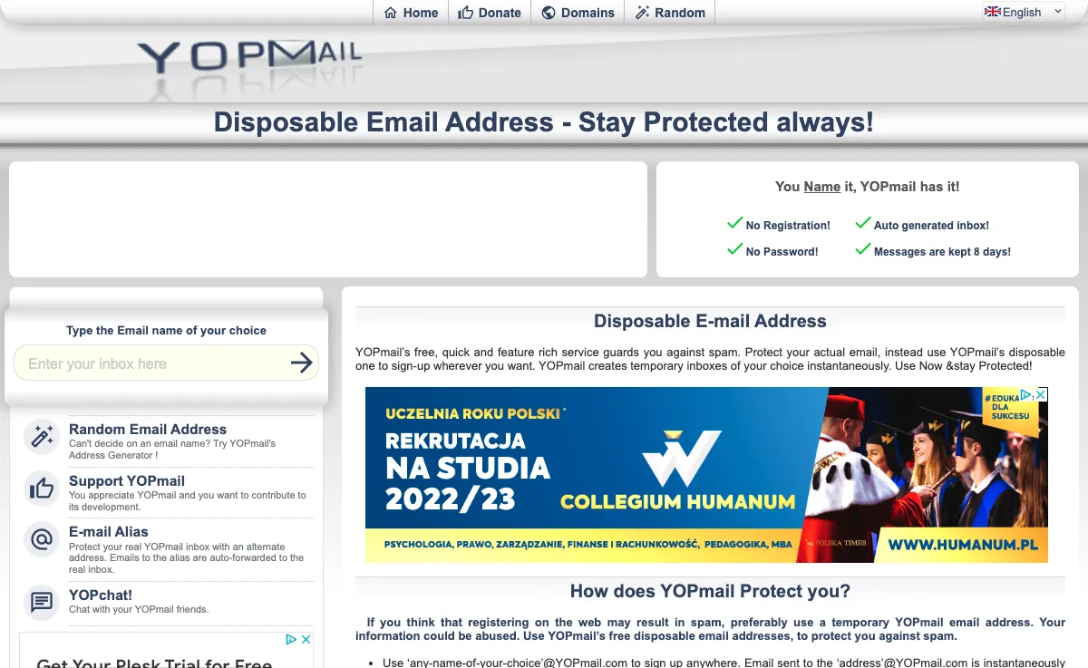 yopmail.com Webmail-Oberfläche